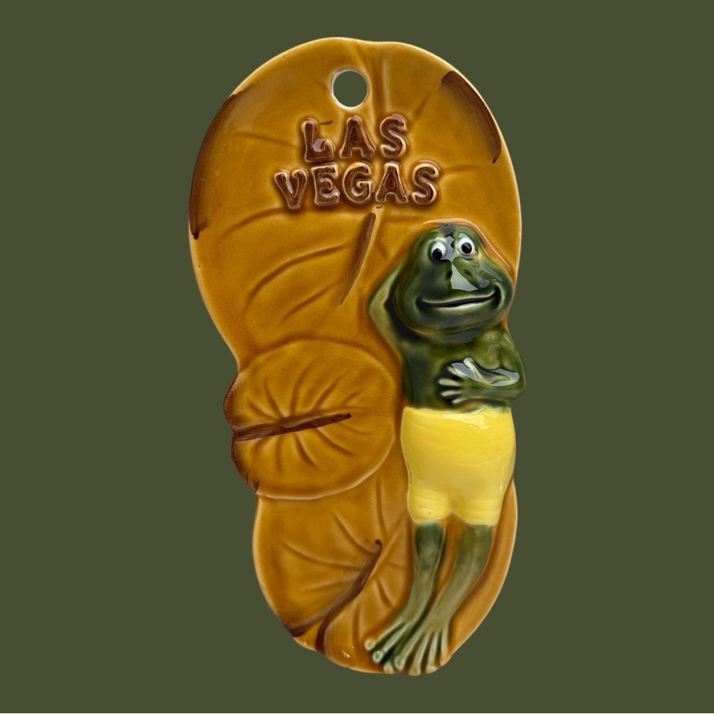 Vintage 1950s 1960s Frog Plaque Las Vegas Glazed Ceramic Made in Japan Lily Pad